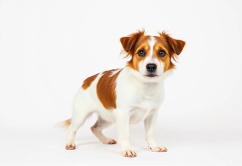Long-haired Jack Russell Terrier posing against a pure white backdrop,  happy,  white background