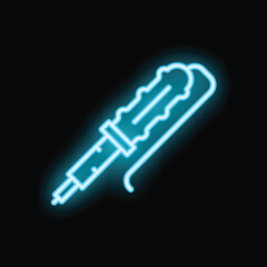 Blue glowing neon line soldering iron icon isolated on black background
