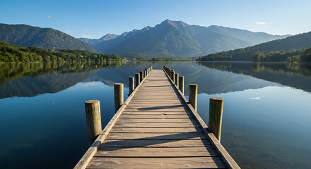 Obraz premium Wooden pier stretching into tranquil lake waters reflecting mountains under a clear blue sky.