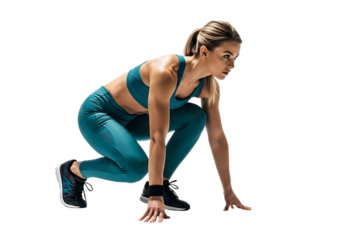 Woman in athletic wear in a starting position, isolated on transparent background