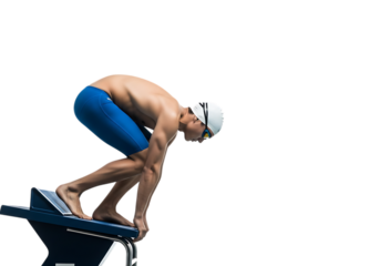 Swimmer in starting position on the block isolated on transparent background