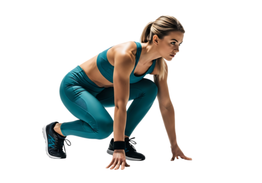 Woman in athletic wear in a starting position, isolated on transparent background