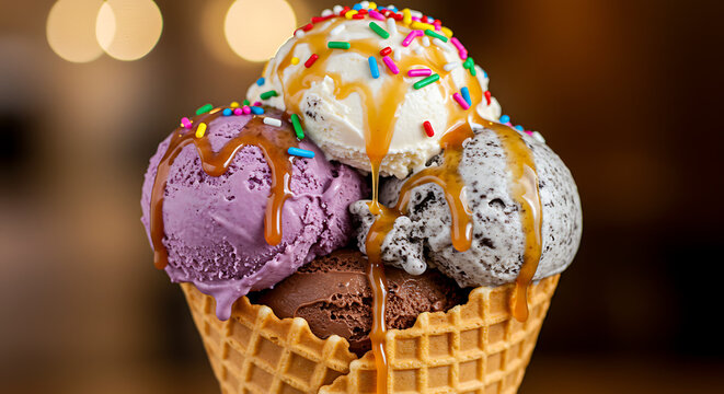 A towering ice cream cone delight, featuring multiple scoops of flavor, drizzle, and colorful sprinkles.