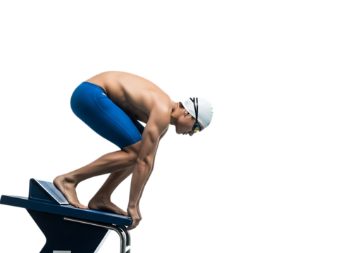 Swimmer in starting position on the block isolated on transparent background - Powered by Adobe