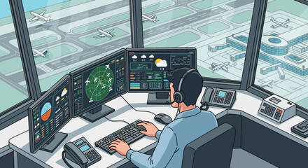 Illustrative Depiction Of An Air Traffic Controller In Control Tower