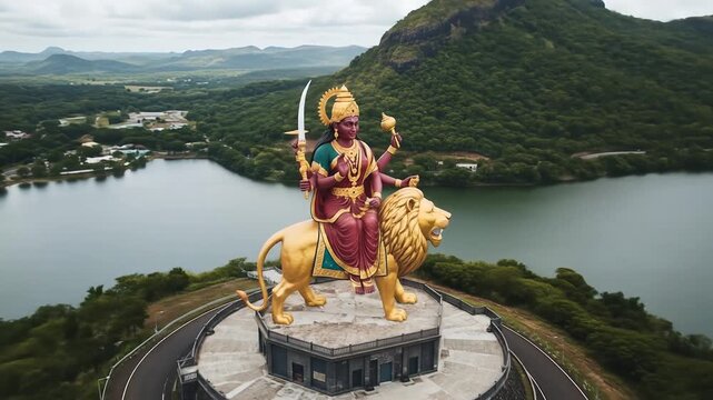 Aerial View of Towering Gold and Burgundy Hindu Goddess Statue on Lion at Grand Bassin Lake in Mauritius Under Cloudy Sky