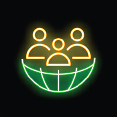 Neon glowing icon of a group of people forming a team for global business, communication and teamwork concept