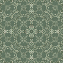 Seamless geometric floral pattern with lotus mandala design in white on green background. Perfect for fabric, wallpaper, wrapping paper, and elegant decor.