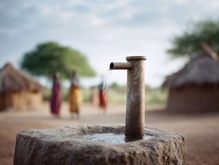 Fototapeta premium Fresh water flows from a rustic tap in a village. Symbolizes clean water access, sustainability, community development. Ideal for global issues humanitarian themes.