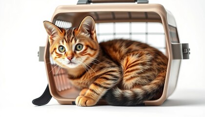 Adorable tabby cat nestled in a travel carrier on a pristine white background,  kitten,  white