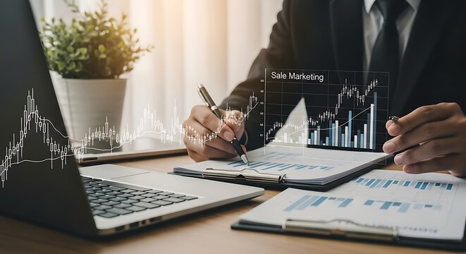 Financial Analyst Interacting with Floating Holographic Stock Market Data at Desk.