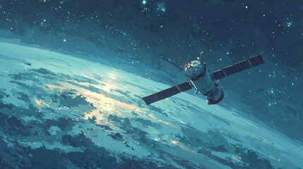 Fototapeta premium Watercolor-style illustration of a spacecraft orbiting Earth, deep blue and green tones blending softly, with glowing stars in the background, dreamy and awe-inspiring feeling