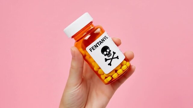 Fentanyl Drug Abuse: Hand Holding Fentanyl Bottle with Skull Label, Warning of Drug and Addiction