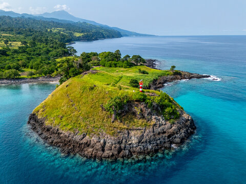 Sao Tome and Principe - Lagoa Azul Aerial View. Stunning Turquoise Waters and Rocky Coastline in a Tropical Island Paradise.	