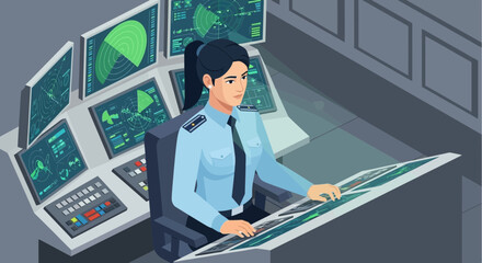 Woman Monitoring Radar Screens In Control Room Illustration