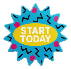 Fototapeta premium Vibrant blue burst sticker with START TODAY message in bold font, eye-catching retail promo offer on transparent background.