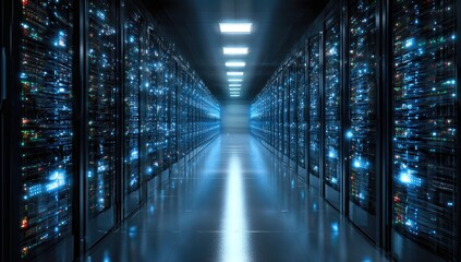 Server room interior, illuminated