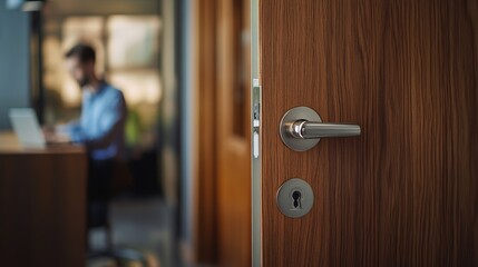 Obraz premium Open wooden door with blurred office background and man working at desk