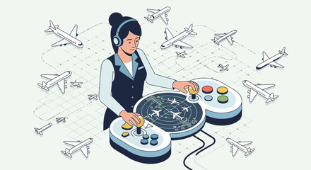 Woman Working As Air Traffic Controller Directs Plane Traffic Cartoon Style