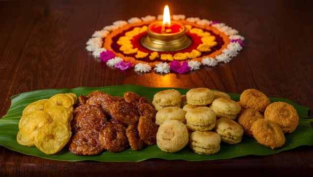 Traditional Kerala Onam snacks beautifully arranged on a banana leaf . Crispy banana chips, sharkara varatti (jaggery-coated banana chips), achappam (rose cookies), kuzhalappam, unniyappam