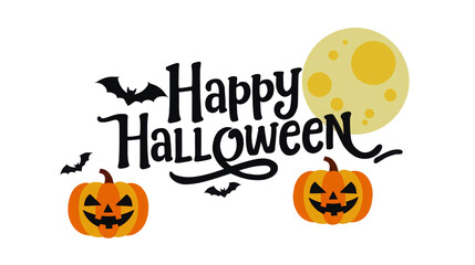 Two jack o lanterns and moon happy halloween text isolated on transparent background