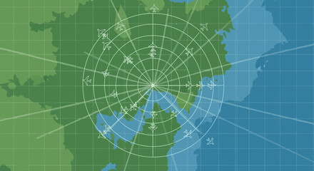 Obraz premium World Map Displaying Airplane Routes And Radar Visualization Concept