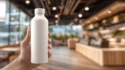 A hand holds a blank white water bottle in a cafe