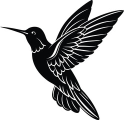 Elegant Black Hummingbird Silhouette in Flight on white background