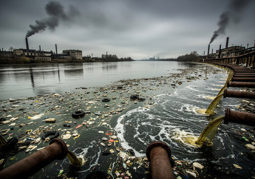 Industrial pipes pouring waste into polluted river with garbage and factories emitting smoke