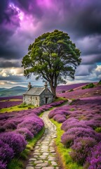 Stone cottage with tree in a field of purple heather in scotland