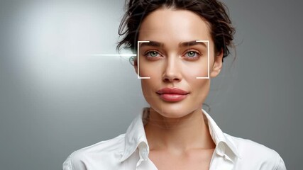 Woman looking at camera while facial recognition process takes place with digital overlay. Clean minimalist background enhances focus on her features. Concept of technology, beauty, innovation - Powered by Adobe