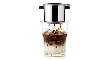 Traditional Vietnamese iced drip coffee with phin filter on a glass of ice and condensed milk, isolated on white background, refreshing Asian beverage.