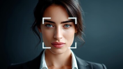 Woman undergoing face recognition process with serene expression. Clear focus on her face against dark background. Concept of technology, security, digital identity - Powered by Adobe