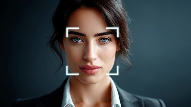 Woman undergoing face recognition process with serene expression. Clear focus on her face against dark background. Concept of technology, security, digital identity - Powered by Adobe