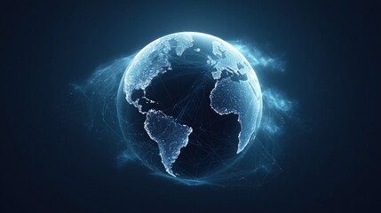 Abstract digital blue planet Earth made of glowing dots and lines on a dark background, a global network concept with internet technology.