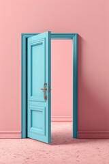 3D rendering of an open door on a pink wall background with copy space, light, and shadow. Minimal concept.