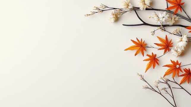 White background with a branch of orange leaves on it. The leaves are arranged in a way that they look like they are falling from the branch