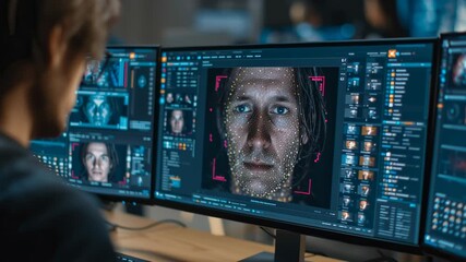 Close-up view of person using advanced facial recognition software on dual monitors. High-tech environment showcasing digital data processing and analysis - Powered by Adobe