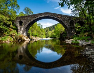 Fototapeta premium Stone arch bridge over a tranquil river (1)