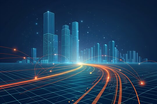 Futuristic Cityscape Neon Lights and Digital Networks - Powered by Adobe