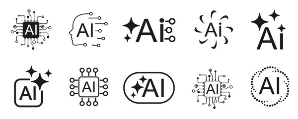 AI generate icon set. AI assistant tool icons and app buttons, magic sparkle star artificial intelligence star logo