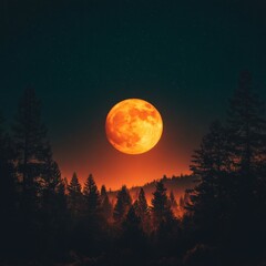 Fototapeta premium Full moon rising over a dark forest landscape at night in a scenic view with a starry sky and orange glow