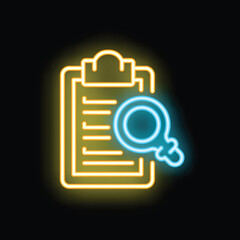 Neon sign representing a magnifying glass hovering over a clipboard with a checklist, symbolizing a concept