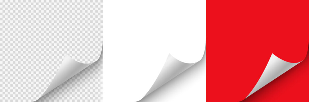 Blank page with curled edge corner and shadow, rolled up stickers set, peel banners, bent sheet, page curl with shadow on blank sheet, curled page corner isolated