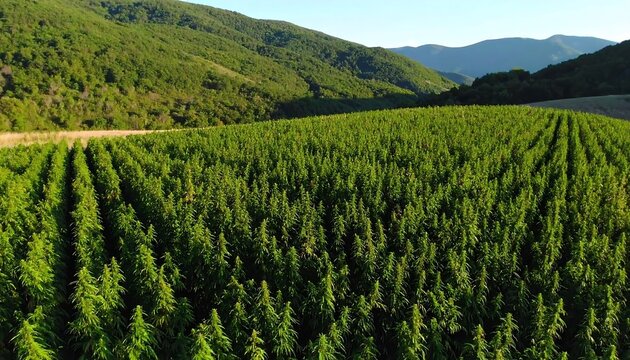 A vast field of vibrant green hemp plants stretches across a hillside, framed by lush greenery and distant mountains.