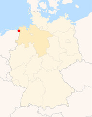 Locatormap of the city Emden (Niedersachsen) in Germany. The city is marked with a red dot and the Bundesland is also highlighted. No labels at all.