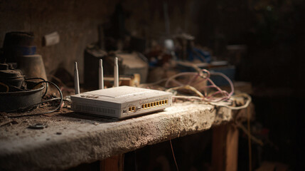 Dusty internet modem amidst cluttered workshop. Symbol of digital obsolescence or unreliable connection. Use for technology, internet, or retro concepts.