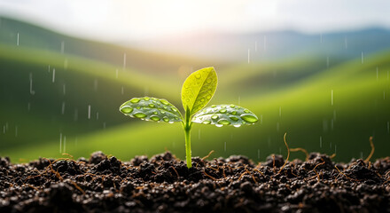 New Growth Seedling Sprout Plant Nature Rain Water Drops Green Environment Eco Sustainability