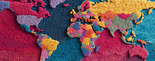 Detailed, vibrant world map embroidery art. Conceptual image representing global connections, travel, or education. Ideal for creative projects  backdrops.