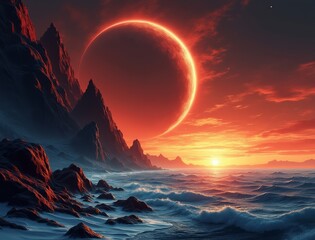 Dramatic solar eclipse over a rocky coastline at sunset